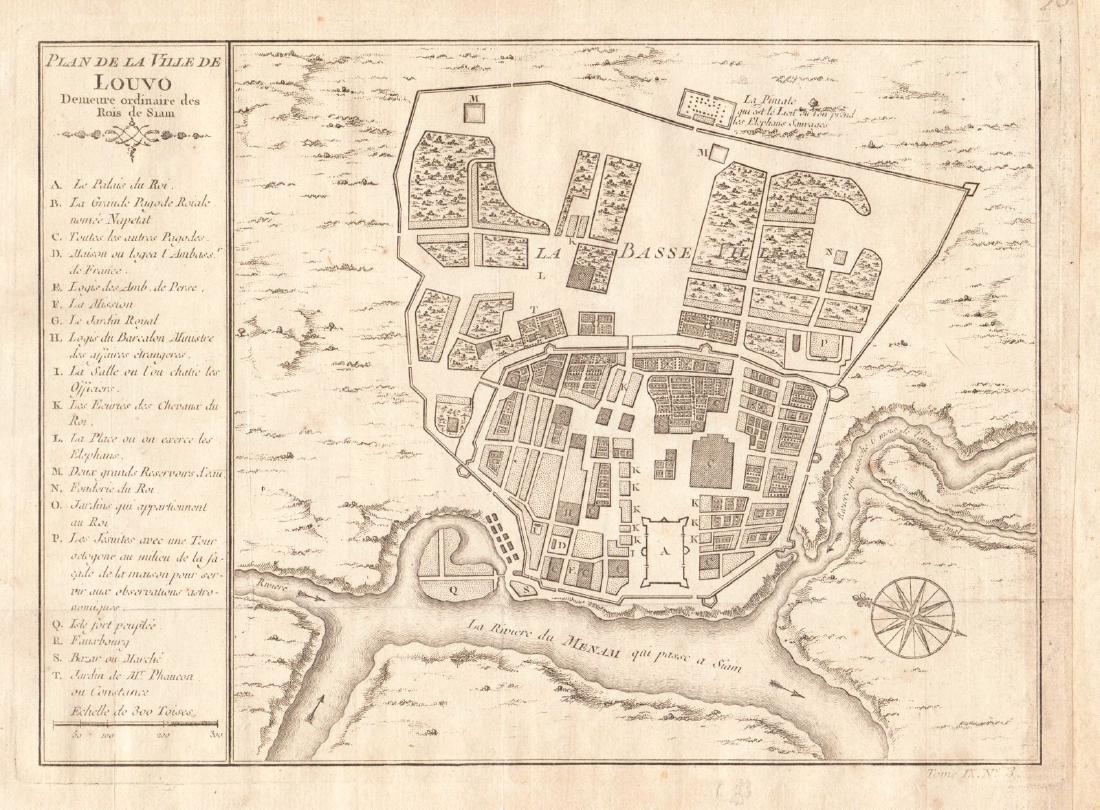 Bellin: Antique Plan of Lopburi, Thai Capital, 1750: Map: Plan de la Ville de Louvo Demeure ordinaire des Rois de Siam Cartographer: Bellin Place & Date: Paris / 1750/1760 Size: 10 3/8" x 9 1/8" Condition: b&w; light overall age toning; some minor spott