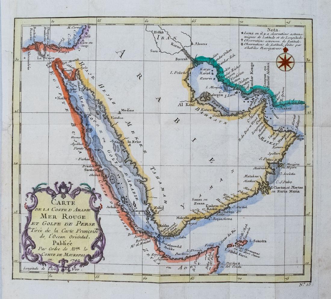 Bellin: Antique Map of Arabia & Red Sea, 1728: Map: 1728 Bellin Map of Arabia and Red Sea -- Carte de la Coste d'Arabie, Mer Rouge, et Golfe de Perse Cartographer: J Bellin Year / Place: 1740, Paris Dimensions: 8.6 x 9.8 in. Condition: Very good. 