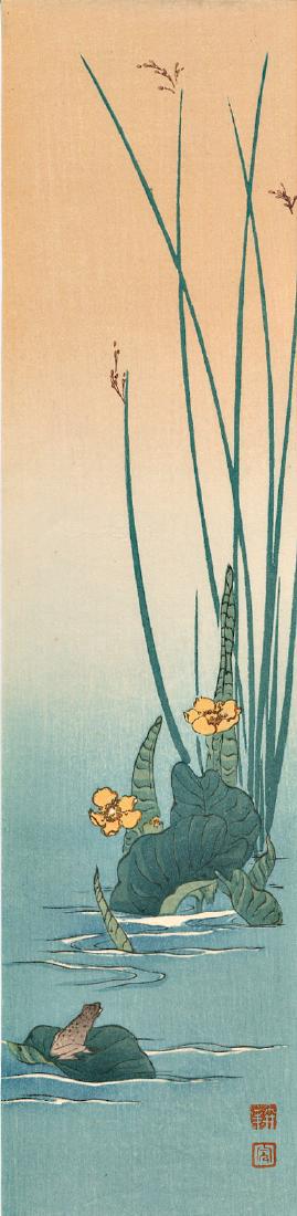 Koho Shoda Frog Japanese Woodblock Print: Artist: Koho Shoda Frog on a Lily Pad Japanese Scenes on Tanzuku Nishinomiya 1920s Japanese woodblock print 3.25 x 13.25 inches Koho Shoda (ca. 1871-1946) was a Japanese artist associated with the shi