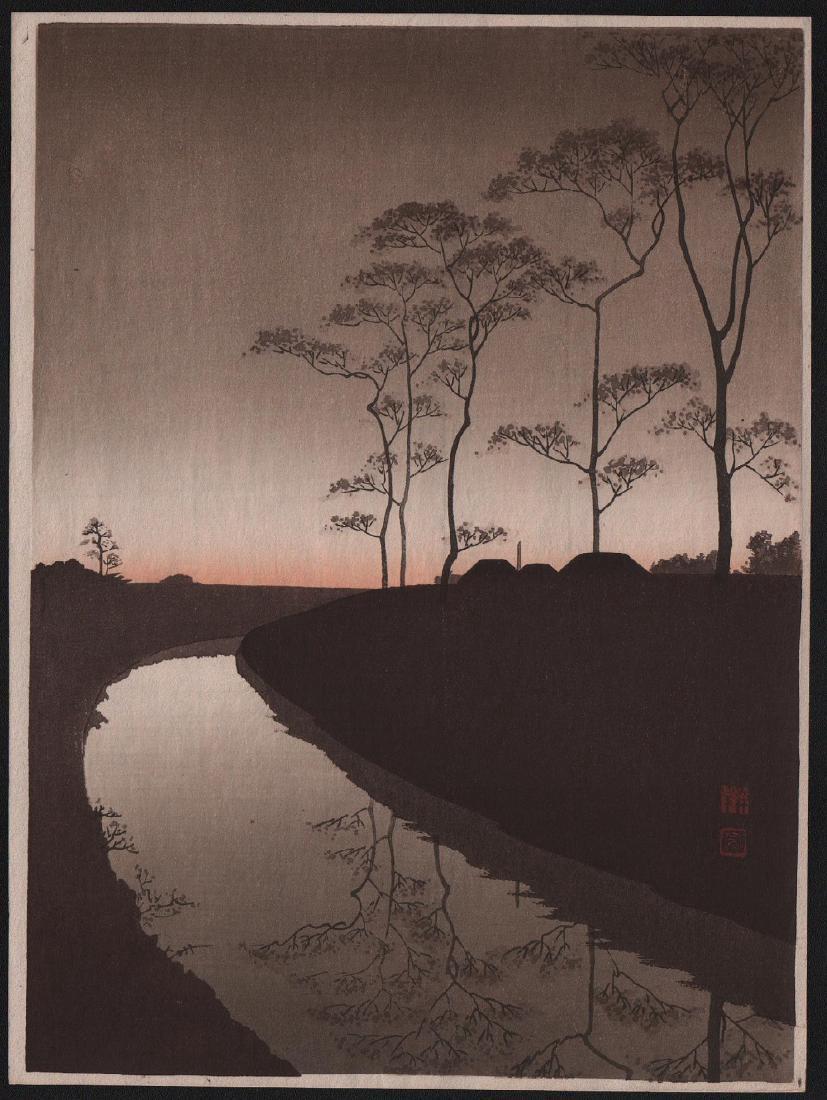 Koho Shoda River Japanese Woodblock Print: Artist: Koho Shoda Subject: River at night (sepia impression) Date: c.1910-30 Size: Chuban design measures: 7.5" x 10.25" Less frequently seen sepia impression (rather than blue-toned). Medium: Japane