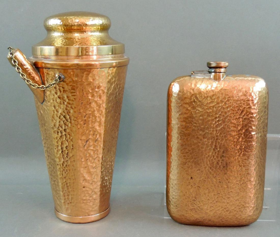 Antique Jos Heinrichs Copper Sterling Silver Barware: C.1910 Jos Heinrichs Copper, Sterling Silver Barware. Shaker - 9.75” high 4 3/8” base diameter; Flask – 7.5” x 4.5” x 1”. Circa 1910 Jos Heinrichs hand forge copper on sterling silver liqu