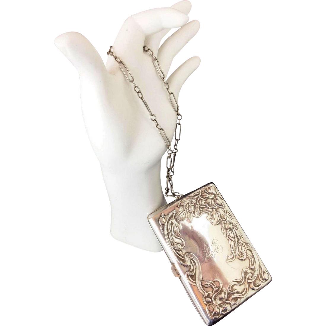 Antique Webster Sterling Silver Purse/Compact w/ Chain (1 of 9)