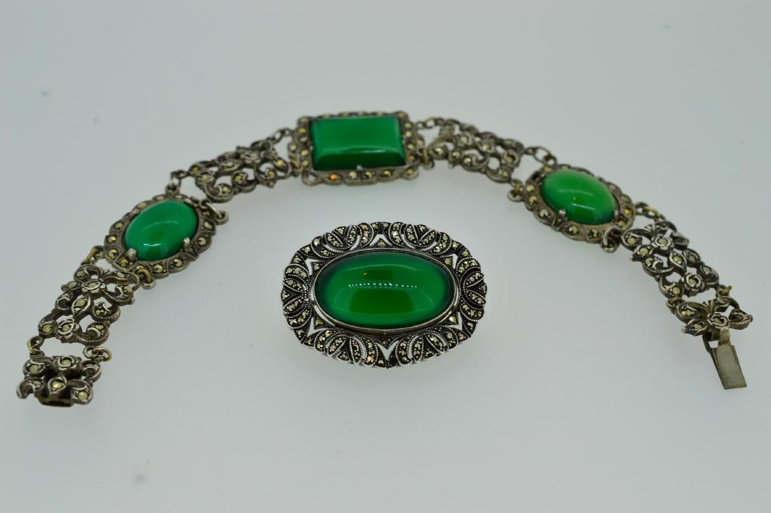 Vintage Sterling Silver Agate Marcasite Bracelet & Pin (1 of 3)