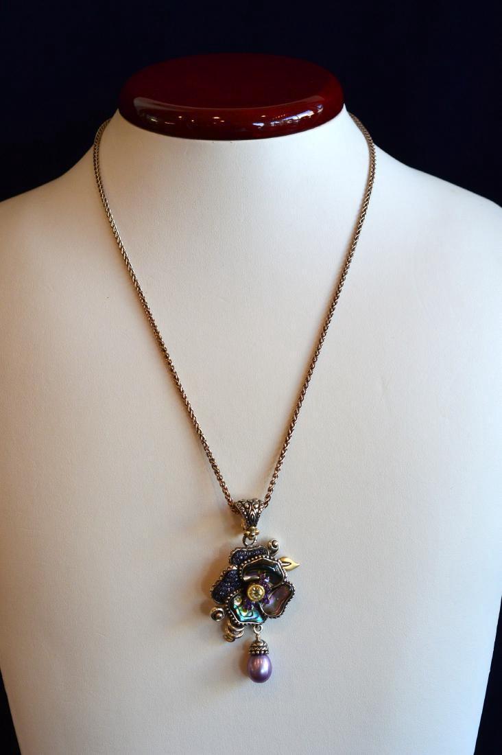 Sterling Silver 18k Gold Clad Multi Gemstone Enhancer: Item: Sterling Silver & 18k Gold Clad Multi Gemstone Pansy Enhancer Brand: Barbara Bixby Metal Purity: .925 sterling silver Gemstones: Abalone, Pearl and Multi Gemstones Size/Dimensions: 2 3/4" long x