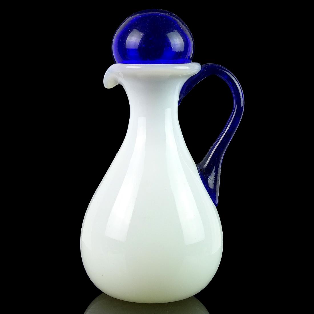 Opalescent White Cobalt Blue Art Glass Creamer Pitcher (1 of 4)