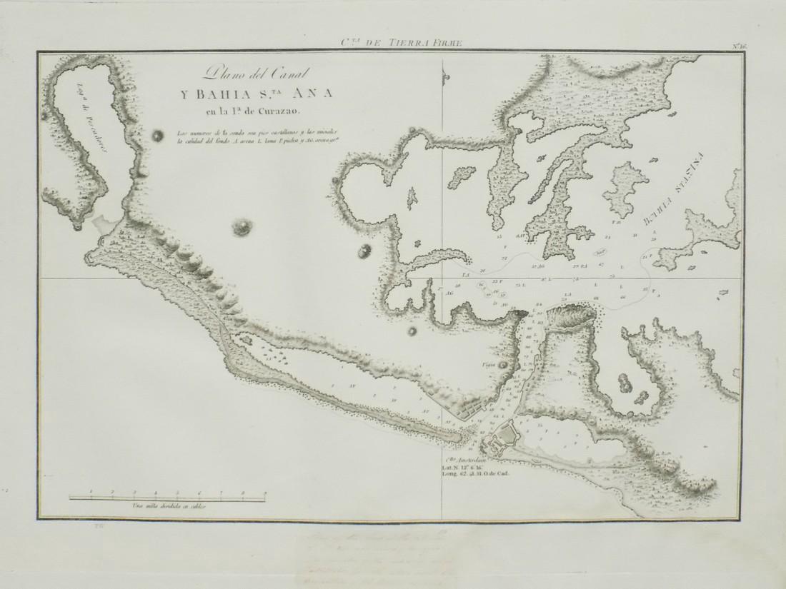 de Ferrer: Antique Nautical Chart of Bahia St Ana, 1809: Map: 1809 Nautical Chart of Bahia St. Ana / Willemsted (Curacao). Date Printed: 1809 Cartographer: José Joaquín de Ferrer Material/Medium: Engraving Size: 11 3/4" x 15" Original engraving from José