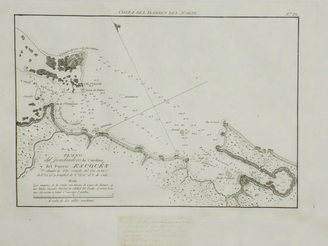 de Ferrer: Nautical Chart of Plano del Jondeadero, 1809: Map: 1809 Nautical Chart of Plano del Jondeadero de Carolina del Puerto Escoces (Panama) Date Printed: 1809 Cartographer: José Joaquín de Ferrer Material/Medium: Engraving Size: 11 3/4" x 15" Origin