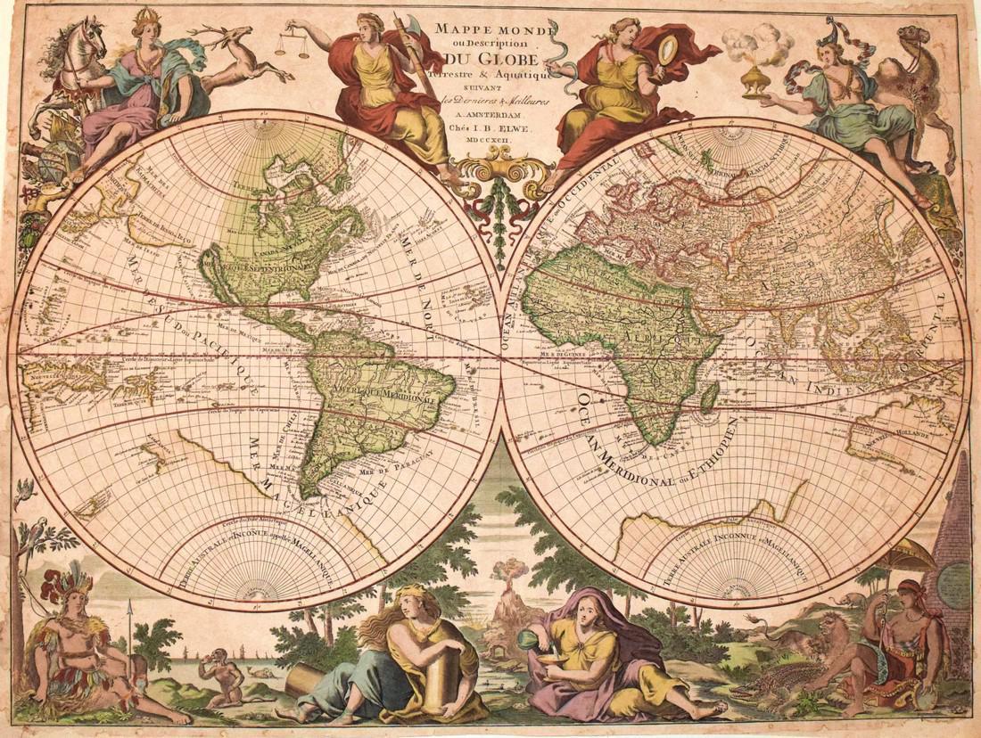 Elwe: Antique Map of the World, 1792: Map: 1792 Elwe World Map -- Mappe Monde ou Description du Globe Terrestre & Aquatique Cartographer: J. Elwe after A. Jaillot Year / Place: 1792 Amsterdam Map Dimensions: 18 x 24 in. Condition: Very Go