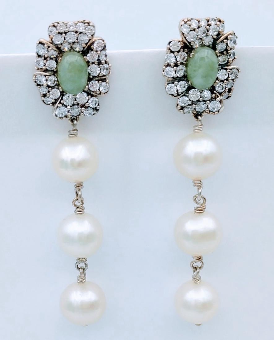 Sterling Silver Pearl Jade CZ Drop Earrings, 1.8ctw (1 of 4)