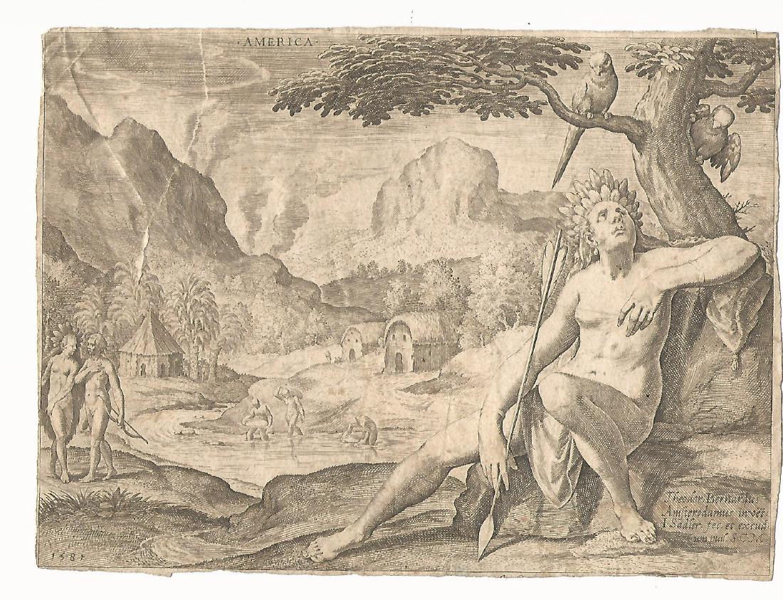 1581 Engraving Jan Sadeler America: 1581 engraving of “America” by Jan Sadeler (1550-1600). Trimmed and creased, repaired tear. Measures 9 x 6.5”. Please note that this lot has a confidential reserve. When you leave a bid in advan