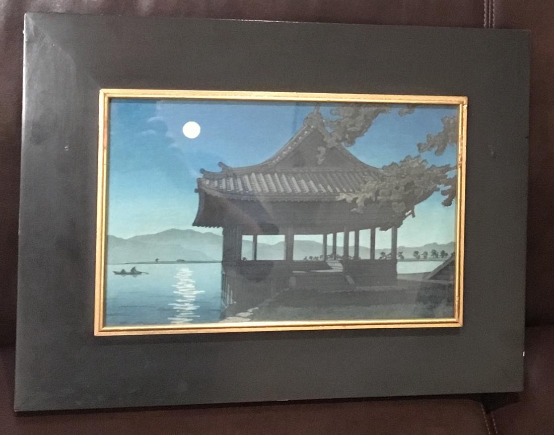 Kawase Hasui Japanese Woodblock Print: Artist: Kawase Hasui Subject: Full Moon at Kankai Pavillon, Wakanoura Date: 1950 Publisher: Watanabe Size: Oban design measures: 8.5" x 13.75" (visible in frame), Frame measures: 15” x 20” Medium: