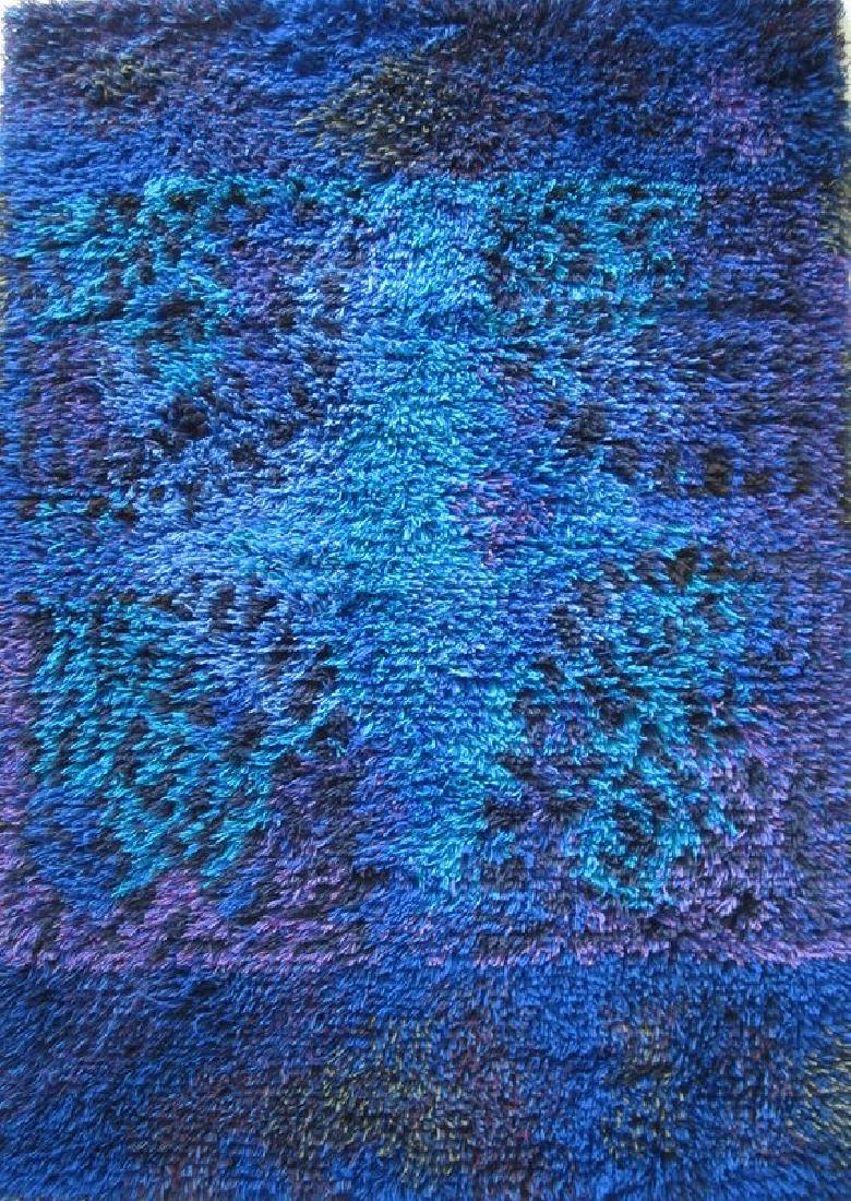 Handmade Blue Rya Ritva Puotila Finland Rug 4.9x3.6: A handmade blue rya rug from Finland, "Talviyö" (Winter Night) by Textile artist Ritva Puotila (born 1935). 4.9 x 3.6 ft. 1960s Please note that this lot has a confidential reserve. When you leave a