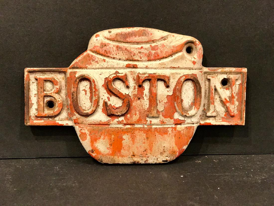 Boston Bean Pot Sign Circa 1900: c. 1900 BOSTON bean pot sign. Dimensional figural bean pot iron sign. Great color, surface & bold casting. Diminutive scale. 5 1/4 h x 8 w. c. 1900 Please note that this lot has a confidential reserve