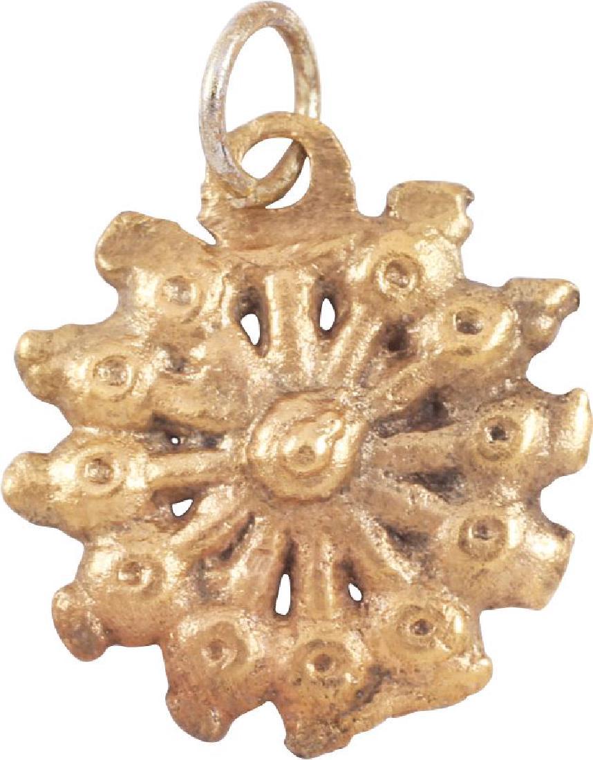FINE FRENCH LADIES PENDANT 14th-16th CENTURY: Gilt bronze. Radial splay of 11 globes (the loop forming the 12th), on stalks pierced between. ¾” height. Norman with earlier Viking influence All items purchased are accompanied by a signed and da