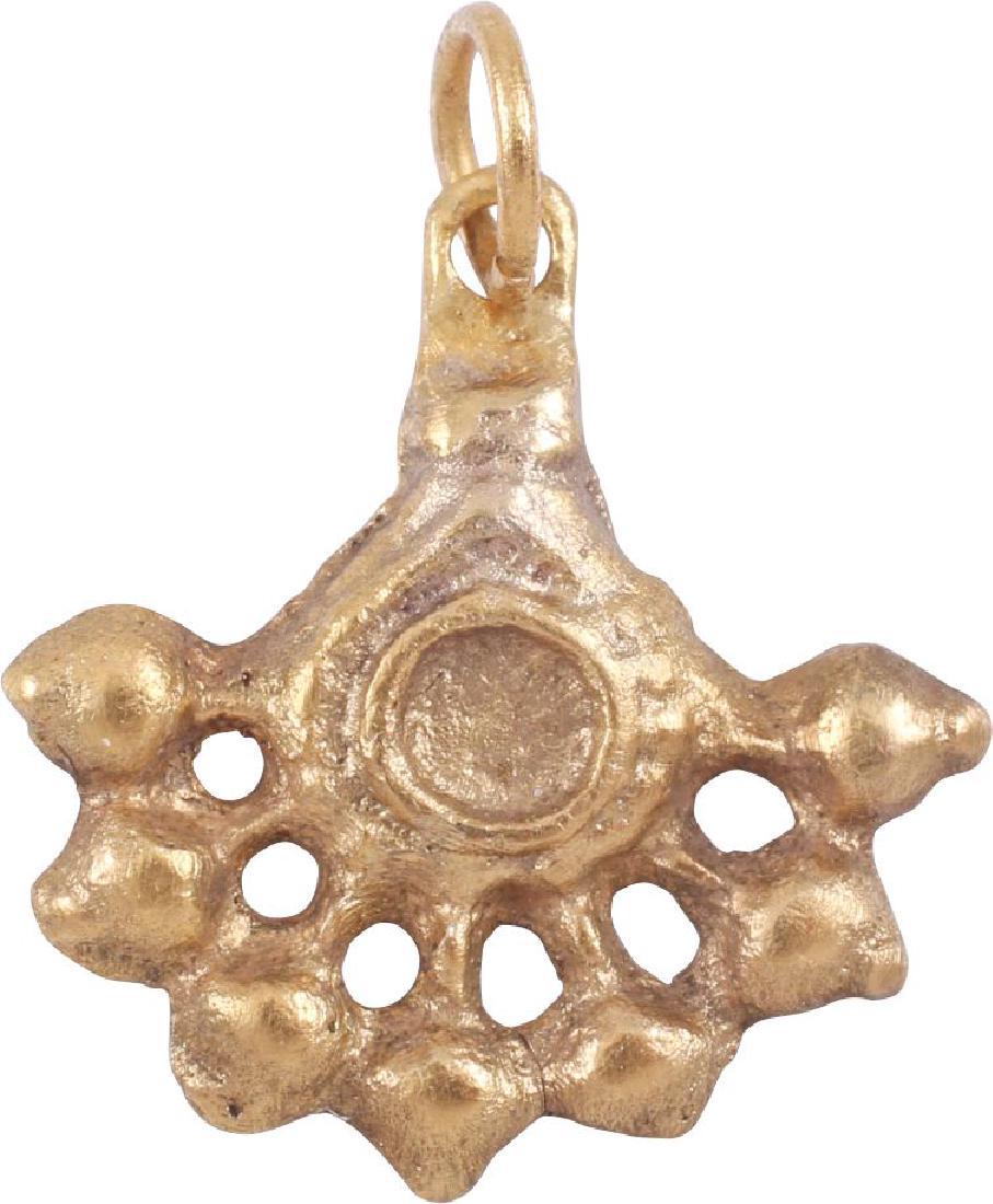FINE FRENCH LADIES PENDANT 14th-16th CENTURY: Gilt bronze, a splay of 7 globes, on stalks pierced between, radiating from the lower half. ¾” height. Norman with earlier Viking influence All items purchased are accompanied by a signed and dated