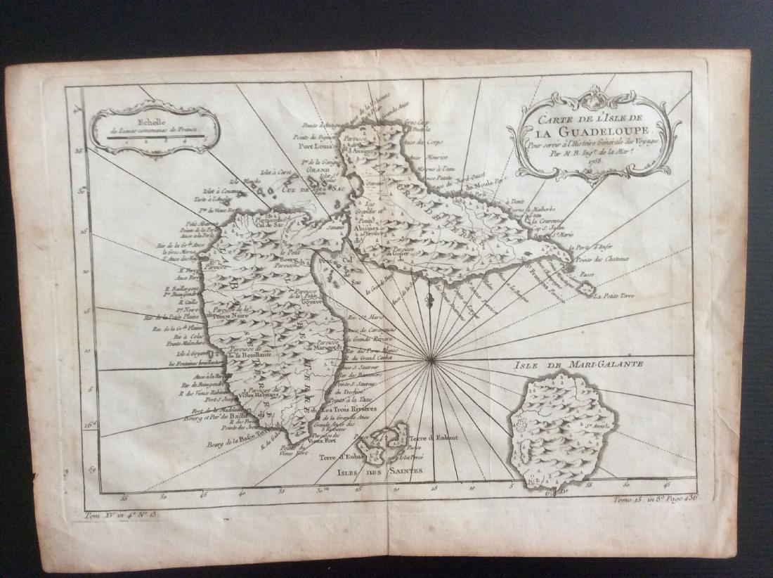 Bellin: Antique Map of Guadeloupe, 1750s: Map: Guadeloupe (bellin) Date Printed: 1750's-60's Cartographer: Jacques Nicholas Bellin Material/Medium: Paper Size: 13 3/4" x 10" Condition: Excellent Published in Paris. Copperplate engraving. Atla