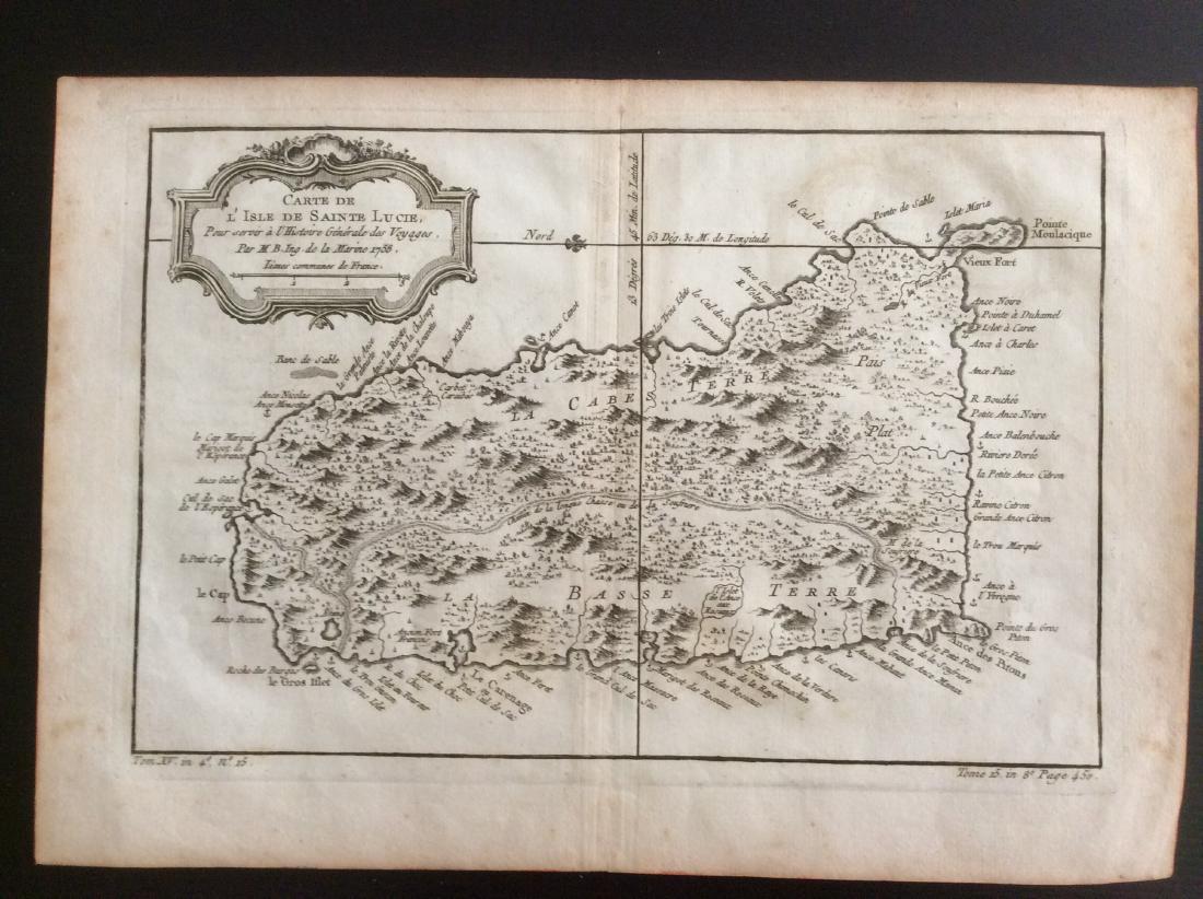 Bellin: Antique Map of St. Lucia, 1750s: Map: St. Lucia Date Printed: 1750's-60's Cartographer: Jacques Nicholas Bellin Material/Medium: Paper Size: 14 1/4" x 10" Condition: Excellent Copperplate engraving. Double page Map. Atlas De L'Histoi