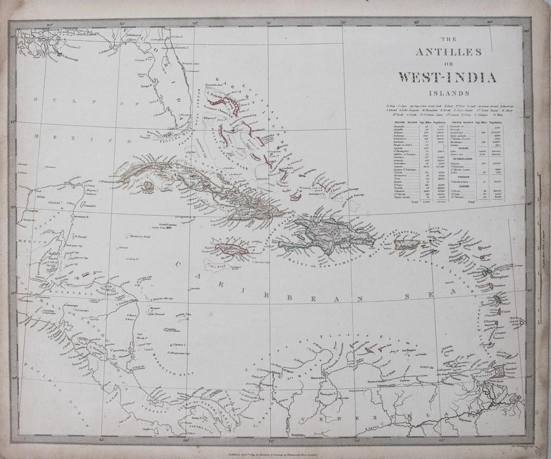 SDUK: Antique Map of the Caribbean, 1835: Map: 1835 SDUK Map of the Caribbean -- The Antilles or West-India Islands Cartographer: SDUK Year / Place: 1835, London Map Dimensions: 12.4x15.3 in. Condition: Very Good-Excellent. Nice strike, color