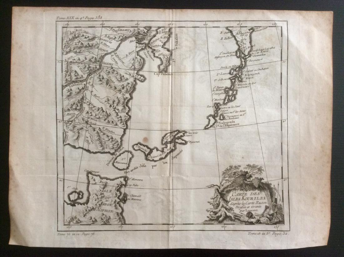 Bellin: Antique Map of Kouriles Islands (Japan), 1750: Map: Kouriles Islands (North of Japan) Date Printed: 1750-60's Cartographer: Jacques Nicolas Bellin Material/Medium: Paper Size: 14 1/2" x 10 3/4" Condition: Good. Some foxing on edges, and one brown 