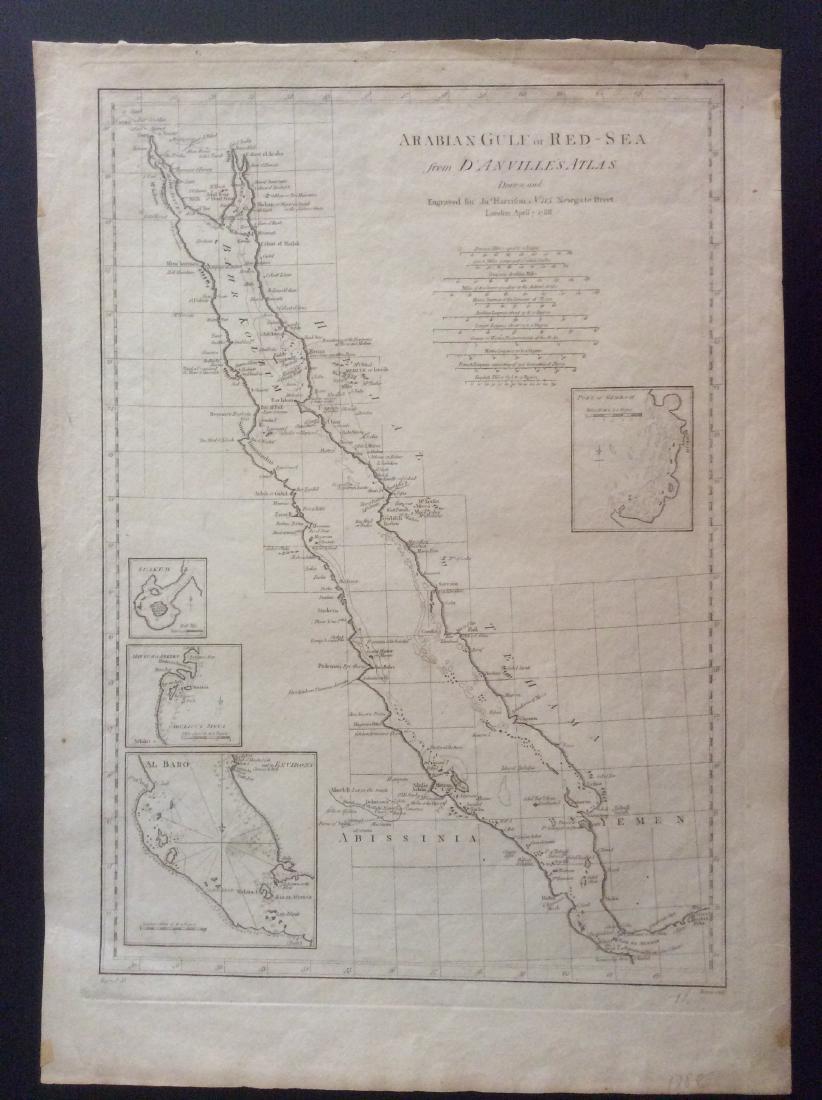 d'Anville: Antique Map of the Red Sea & Islands, 1789: Map: Red Sea & It's Islands Date Printed: 1789 Cartographer: Harrison D' Anville Material/Medium: Paper Size: 15" x 21" Condition: Very Good. Small tear on top. Tear does not affect the Map. Printed i
