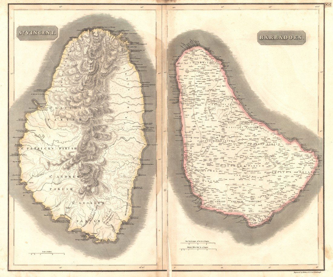 Thomson: Antique Map of Island of St. Vincent, 1817: Map: West Indies Islands. St. Vincent Publication Date: 1817 Authors: JOHN THOMSON, JUNR. & CO., THOMSON, JOHN & CO. Publisher: JOHN THOMSON, JUNR. & CO. Size: Double Folio – 19.60 H x 11.30 W Inche