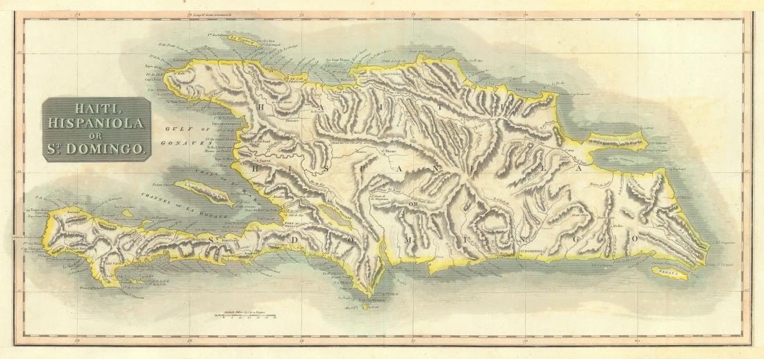 Thomson: Antique Map of Haiti, Hispaniola, 1816: Map: Haiti, Hispaniola Or St. Domingo Publication Date: 1816 Authors: JOHN THOMSON, JUNR. & CO., THOMSON, JOHN & CO. Publisher: JOHN THOMSON, JUNR. & CO. Size: 10.40 H x 23.80 W Inches Map separated f