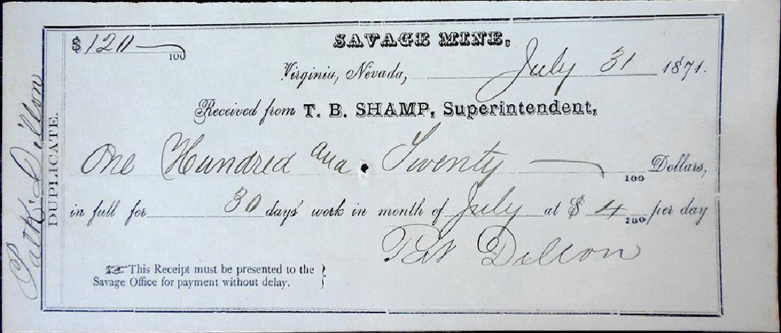 Savage Mine Receipt. [Mining Nevada] (1 of 1)