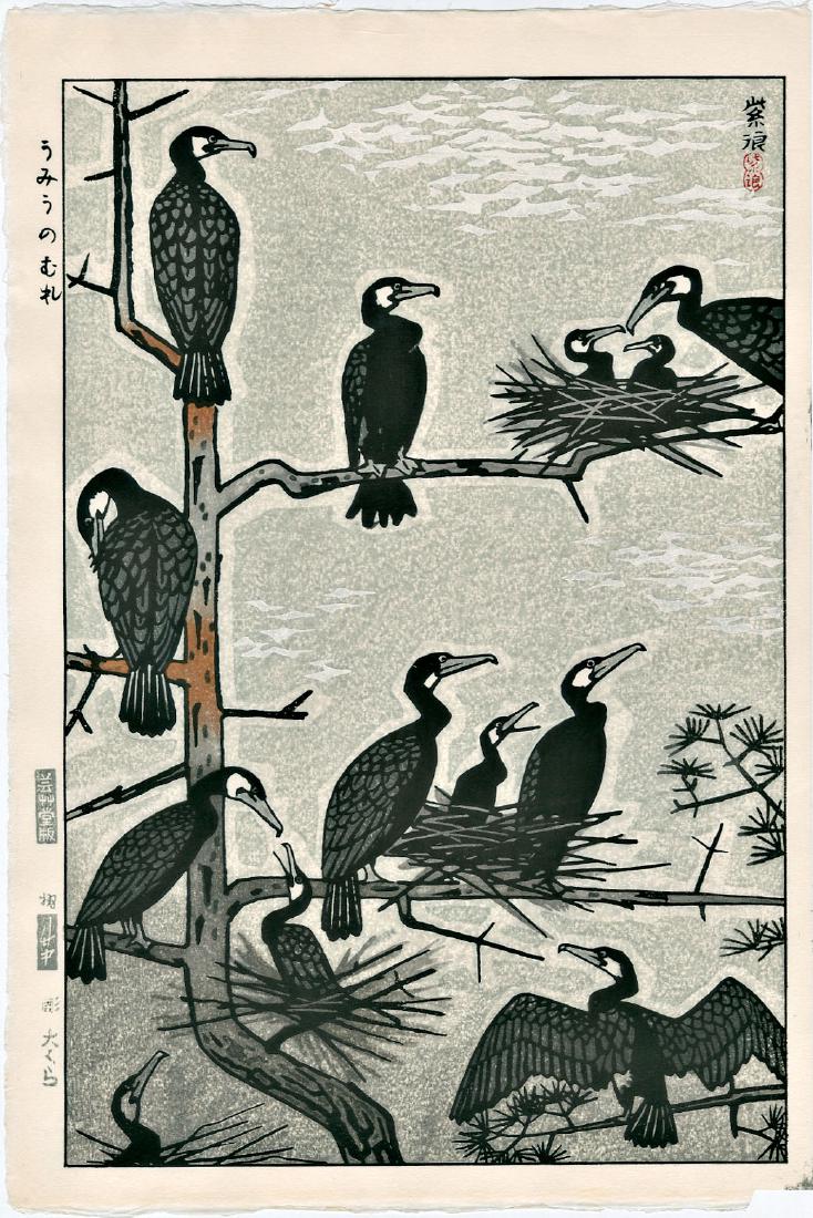 Kasamatsu Shiro Cormorants Japanese Woodblock Print: Artist: Kasamatsu Shiro Title: Nesting Cormorants Publisher: Unsodo Date: 1950, this auto-zuri edition published from the original woodblocks Medium: Japanese woodblock print Size: 10.75 x 15.5 inches