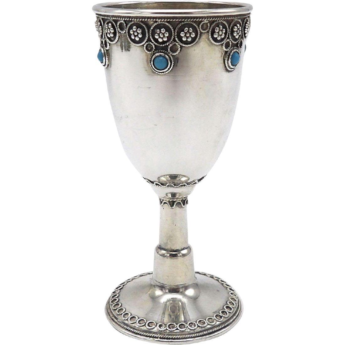 Sterling Silver Turquoise Judaica Kiddush Cup: A beautiful Sterling Silver Kiddush Cup for the Jewish Friday night ritual of prayer. From this Kiddush cup a wine is served and with it a prayer is spoken. This cup measures 3-1/4 x 1 inches wide at 