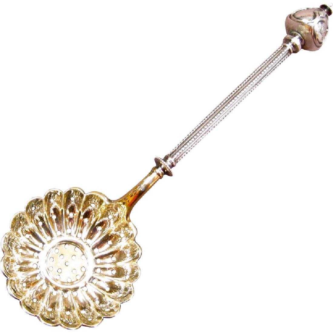 Antique George Sharp Sterling Silver Sugar Sifter, 1866: This is a beautiful George Sharp Sterling Silver Sugar Sifter with Gilt and Pierced Bowl. The sugar sifter has a ball shaped terminal that has been truncated towards the top and divided into four sect