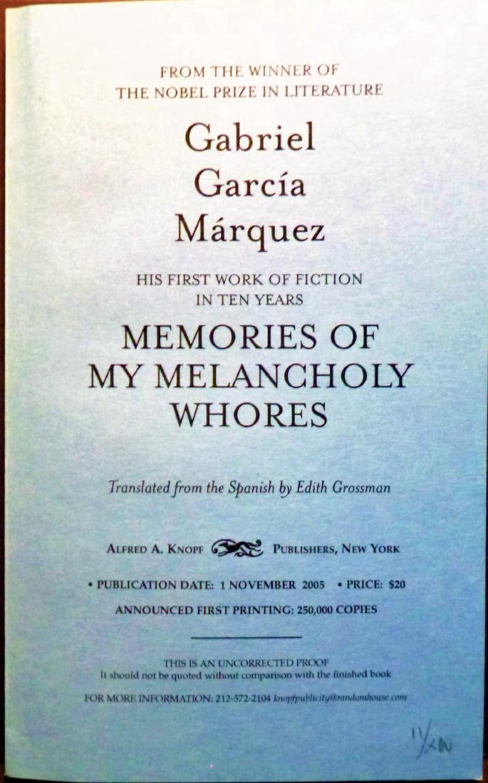 Memories Of My Melancholy Whores Gabriel Garcia MARQUEZ (1 of 1)