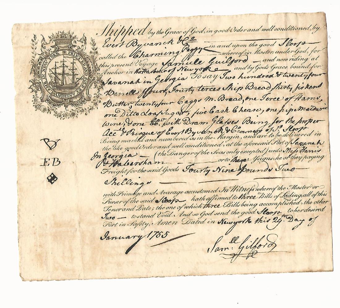 1755 Colonial Bill of Lading Sloop Chraming Peggy (1 of 2)
