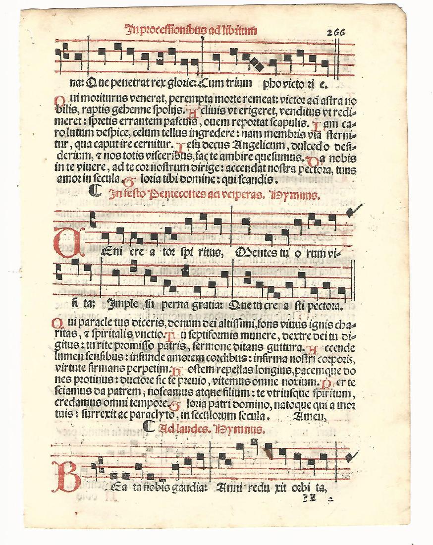 1567 Catholic Hymnal Leaf Music: 1567 Catholic hymnal leaf printed in red and black from “Sacerdotal ad Consuetudinem Sacro Sancte…”, printed at Venice by Petri Liechtenstein. Fine, measures 6 x 8.5”. Please note that this lo