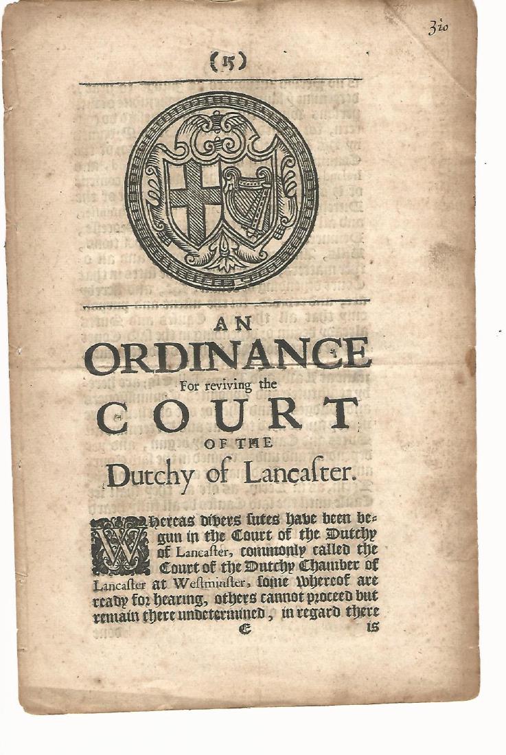 1654 English Commonwealth Act: 1654 English Act of the Commonwealth period being “AQn Ordinance for Reviving the Court of the Duchy of Lancaster”, Complete with large seal of the Commonwealth and printers imprint at end. Very G