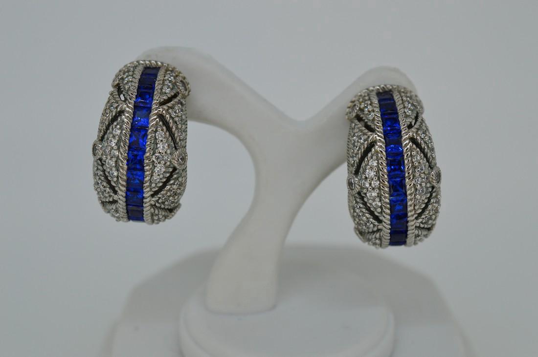 Judith Ripka Sterling Sapphire Cubic Zirconia Earrings: Item: Sterling Silver,Sapphire & Cubic Zirconia Huggie Type Earrings Brand: Judith Ripka Metal Purity: .925 Sterling Silver Gemstones: Sapphire Medium Size Huggie Type Earrings with Leverbacks Please