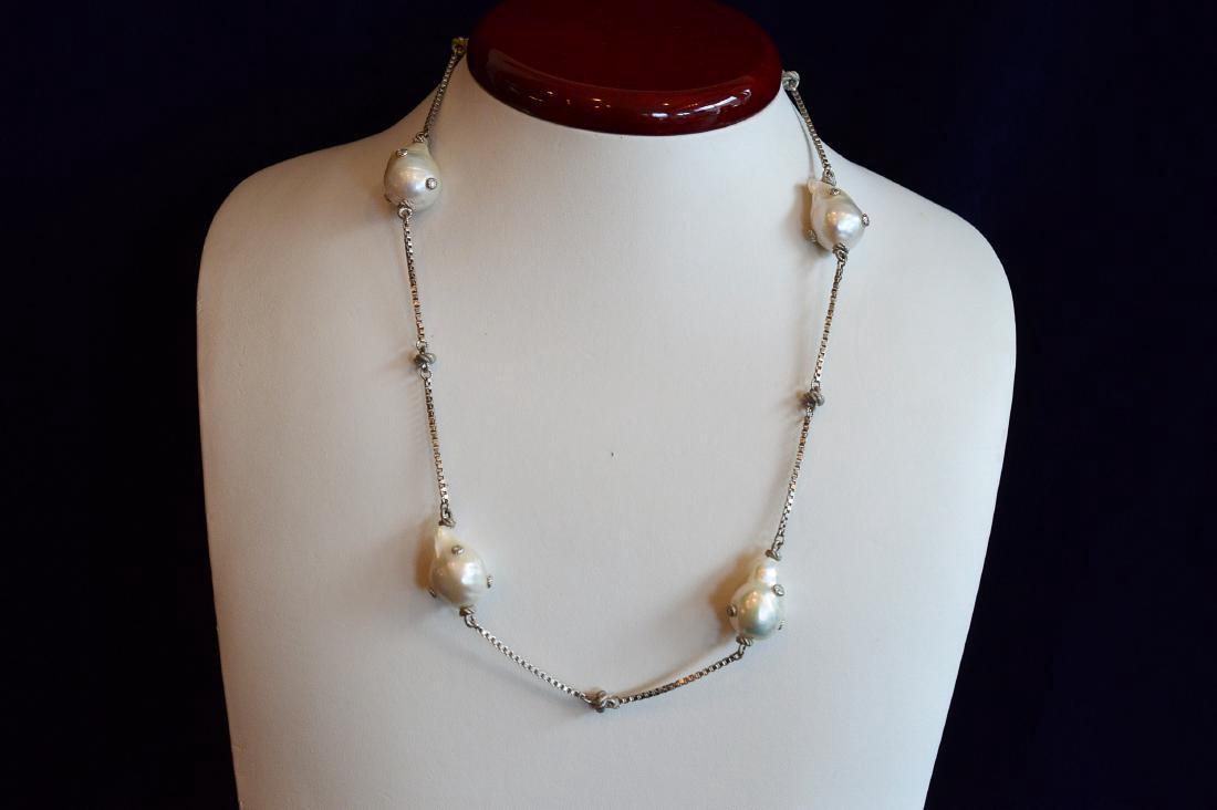 Judith Ripka Sterling Silver Baroque Pearl Necklace: Item: Contemporary 18" Sterling Silver & Baroque Pearl Station Necklace Brand: Judith Ripka Metal Purity: .925 Sterling Silver Gemstones: Pearls Size/Dimensions: 18" Long Sterling Silver Box Link Chai