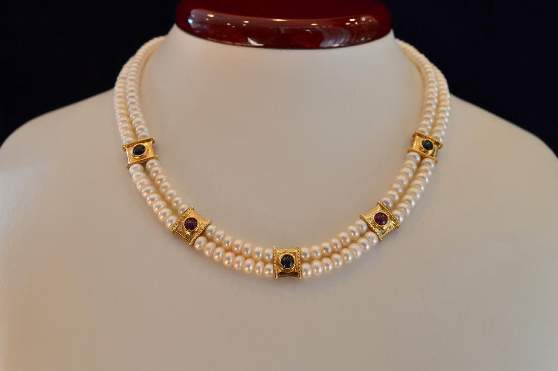 14K Gold Pearl Ruby Emerald Necklace (1 of 4)