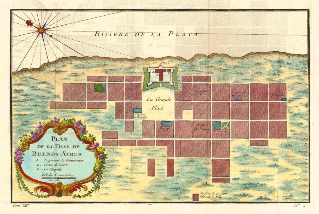 Bellin: Antique Plan of Buenos Aires, 1758: Map: Plan De La Ville De Buenos-Ayres... Publication Date: 1758 Authors: DIDOT, BELLIN, JACQUES NICOLAS, ELDER Publisher: DIDOT Size: Octavo – 7.00 H x 10.90 W Inches Tom. XIV, No.2. skilled modern 