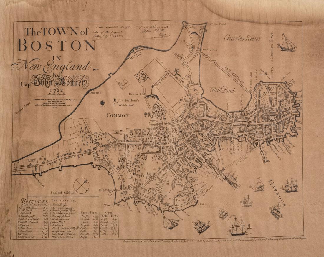 Bonner: Map of Boston, Reproduction of 1722 Map: Map: 1722 Bonner Map of Boston: Reproduction -- The Town of Boston in New England Date Printed: mid 20th century reproduction of 1722 map Cartographer: J Bonner Size: 16.5 x 23 Condition: Fair. Issued