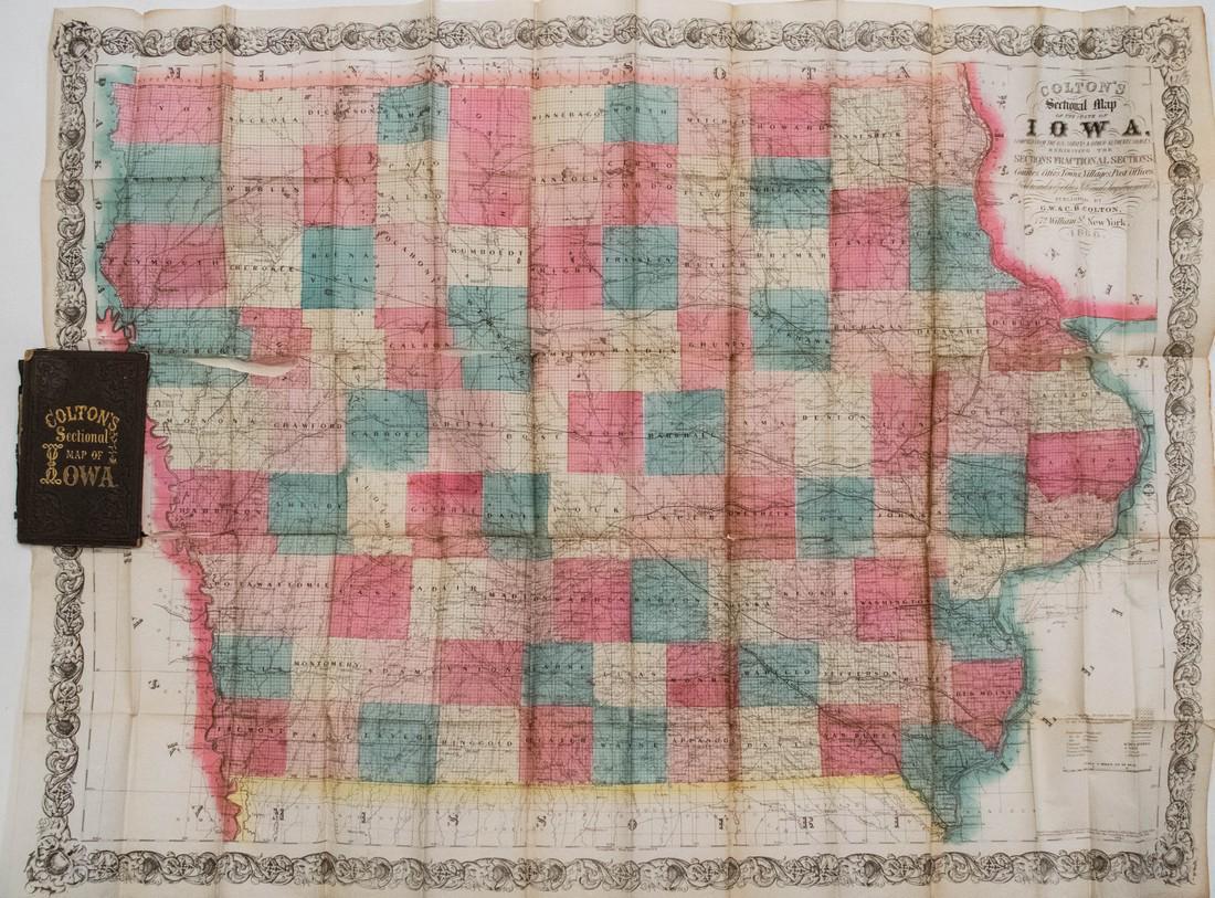 Colton: Antique Pocket Map of Iowa, 1864: Map: 1864 Colton Pocket Map of Iowa -- Colton's Sectional Map of the State of Iowa Date Printed: 1864 NYC Cartographer: J. Colton Size: 24 x 35 in. Condition: Map is good overall with clear and crisp