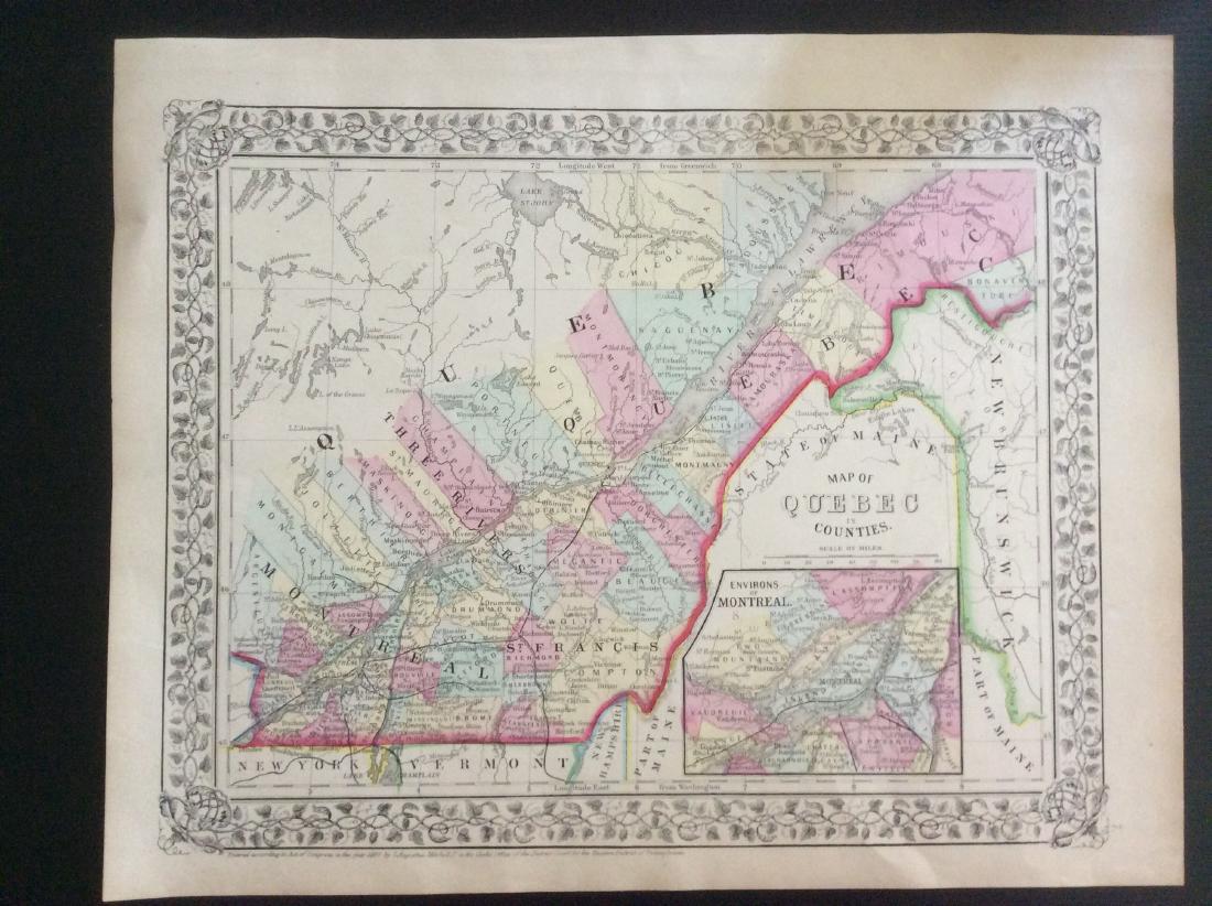 MItchell: Antique Map of Quebec in Counties, 1869: Map: Quebec in counties Date Printed: 1869 Cartographer: Augustus S. Mitchell Material/Medium: Paper Size: 15" x 12 1/4" Hand colored engraved map. Printed in Philadelphia. From his 'Mitchell's New Ge