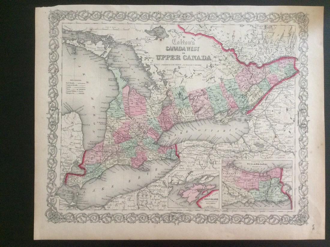 Colton: Antique Map of West & Upper Canada, 1861: Map: Canada West/Upper Canada Date Printed: 1861 Cartographer: J.H. Colton Material/Medium: Paper Size: 17 1/2" x 14" Hand colored, steel engraved. Printed in New York. From Colton's 'General Atlas'.