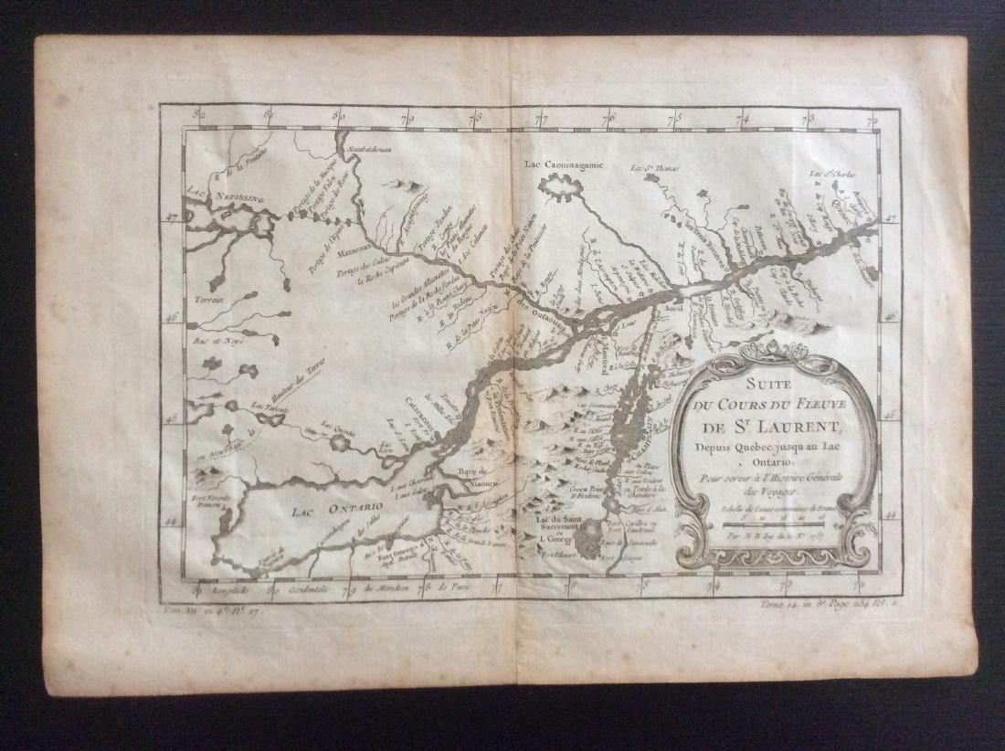 Bellin: Antique Map of St Laurents, 1750: Map: St Laurents Date Printed: 1750-60's Cartographer: Jacques Nicholas Bellin Material/Medium: Paper Size: 14 1/4" x 10" Copperplate engraved. Double page map. From the Atlas De L'Histoire Generale D