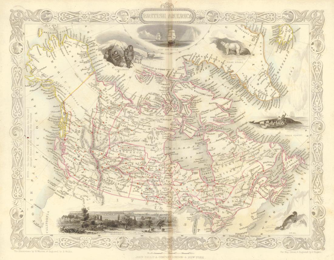 Tallis: Antique Map of British America, 1850: Map: British America Publication Date: 1850 ca. Authors: JOHN TALLIS & CO., TALLIS, JOHN Publisher: JOHN TALLIS & CO. Size: Quarto – 8.00 H x 11.80 W Inches Vignettes of Montreal, Fury and Hecla, Po