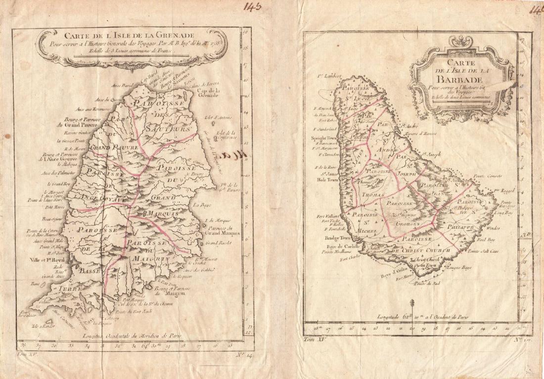 Bellin: Antique Map of Grenada & Barbados, 1758: Map: Carte de l'Isle de la Grenade [and on the same sheet] Carte de l'Isle de la Barbade Cartographer: Bellin Place & Date: Paris / 1758/1760 Size: 6" x 8 1/4" (Grenada); 5 7/8" x 7 3/4" (Barbados) Co