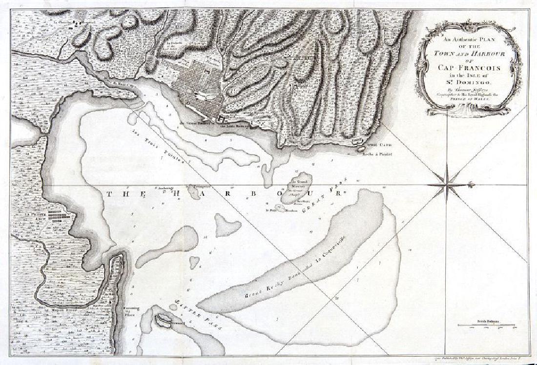 Jefferys: Antique Map of Cap Francois, Haiti, 1760: Map: An Authentic Plan of the Town and Harbour of Cap-Francois in the Isle of St. Domingo Cartographer: Jefferys Place & Date: London / 1760 Size: 19" x 12 7/8" Condition: b&w; slight fraying along ou