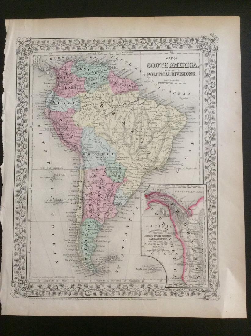 Mitchell: Antique Map of South America, 1869: Map: South America showing its political divisions Date Printed: 1869 Cartographer: Augustus S. Mitchell Material/Medium: Paper Size: 12" x 15 1/4" Hand colored engraved map. Printed in Philadelphia.