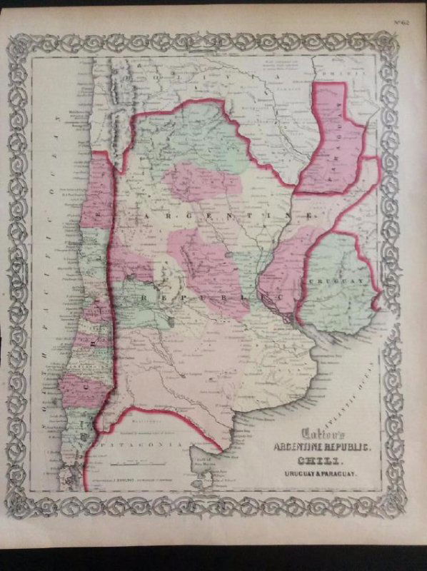 Colton: Antique Map of Argentina & Chile, 1861: Map: Coltons Argentina & Chile Date Printed: 1861 Cartographer: J.H. Colton Material/Medium: Paper Size: 14" x 17 1/2" Hand colored, steel engraved. Printed in New York. From Colton's 'General Atlas'.