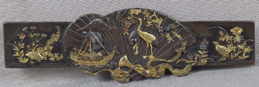 Antique Japanese Mixed Metal Brooch; Fans Birds Ship (1 of 6)