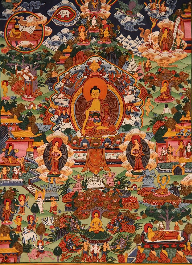 Nepalese Shakyamuni Buddha Thangka Painting: Item: Shakyamuni Buddha Painting Origin: Nepal Artist: unknown Size of painting: 14.5" x 11" Size with brocade: 27" x 22" Weight: 2 lbs Medium: Cotton canvas Symbol of Peace. Shakyamuni is the histori